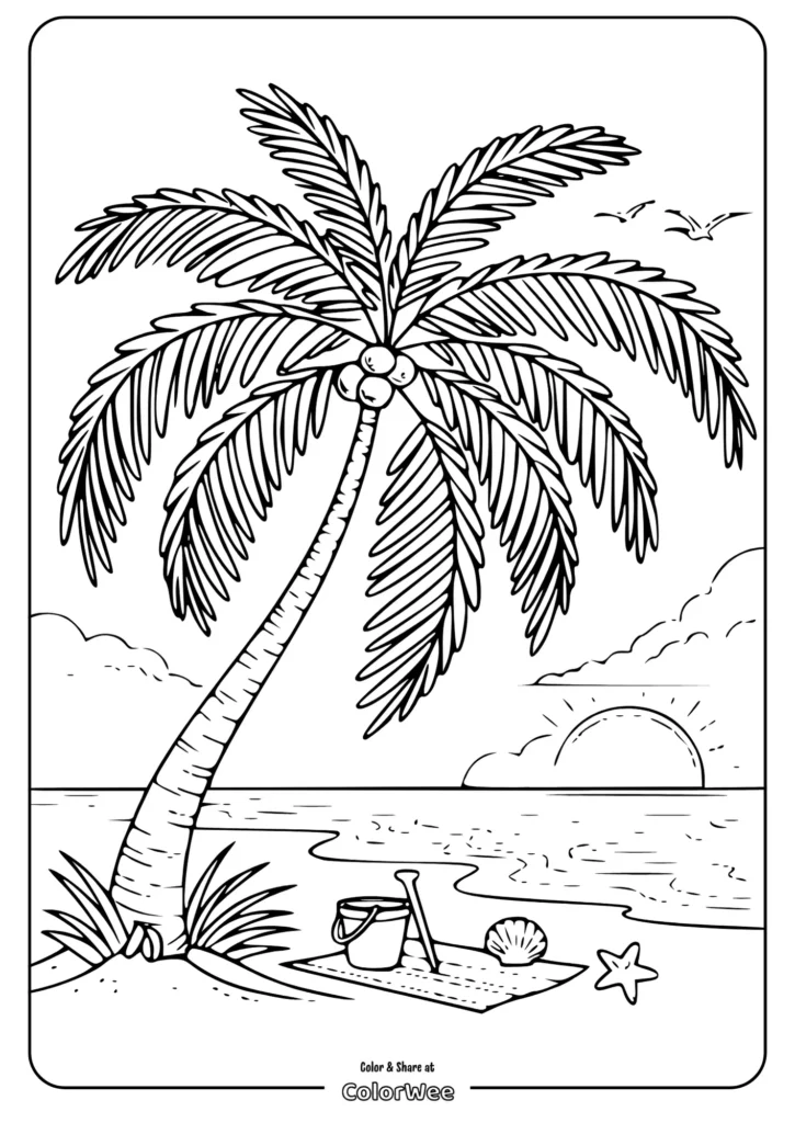 beach palm seaside coloring pages Palm tree beach scene coloring page with sunset and ocean view.