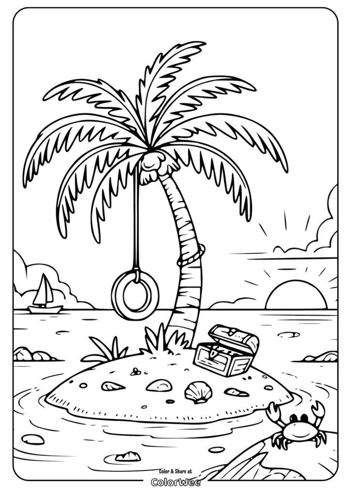 beach palm swing coloring pages Palm island with treasure chest and crab coloring page.