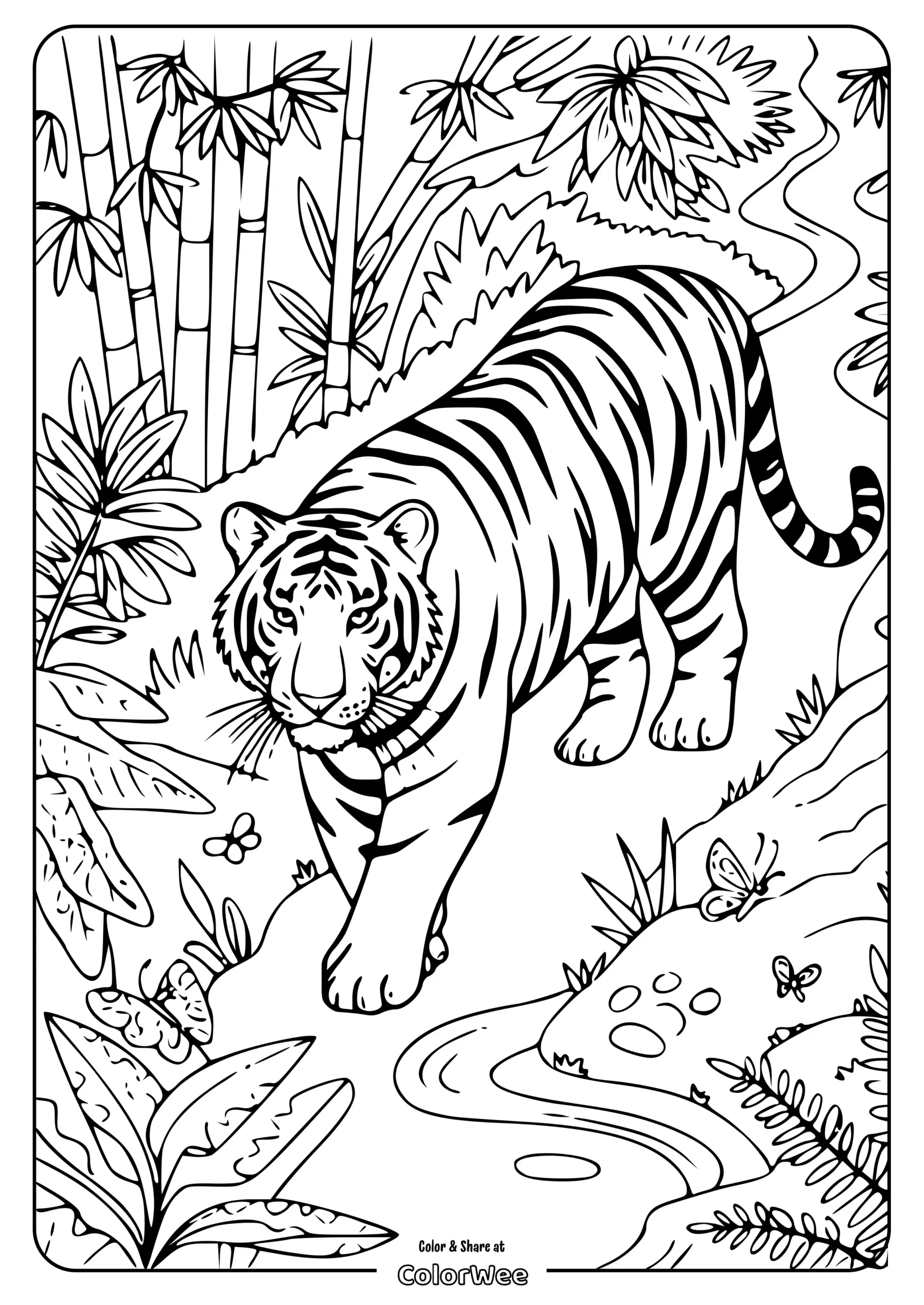 bengal tiger forest coloring page scaled Tiger in jungle coloring page for kids to print and color.