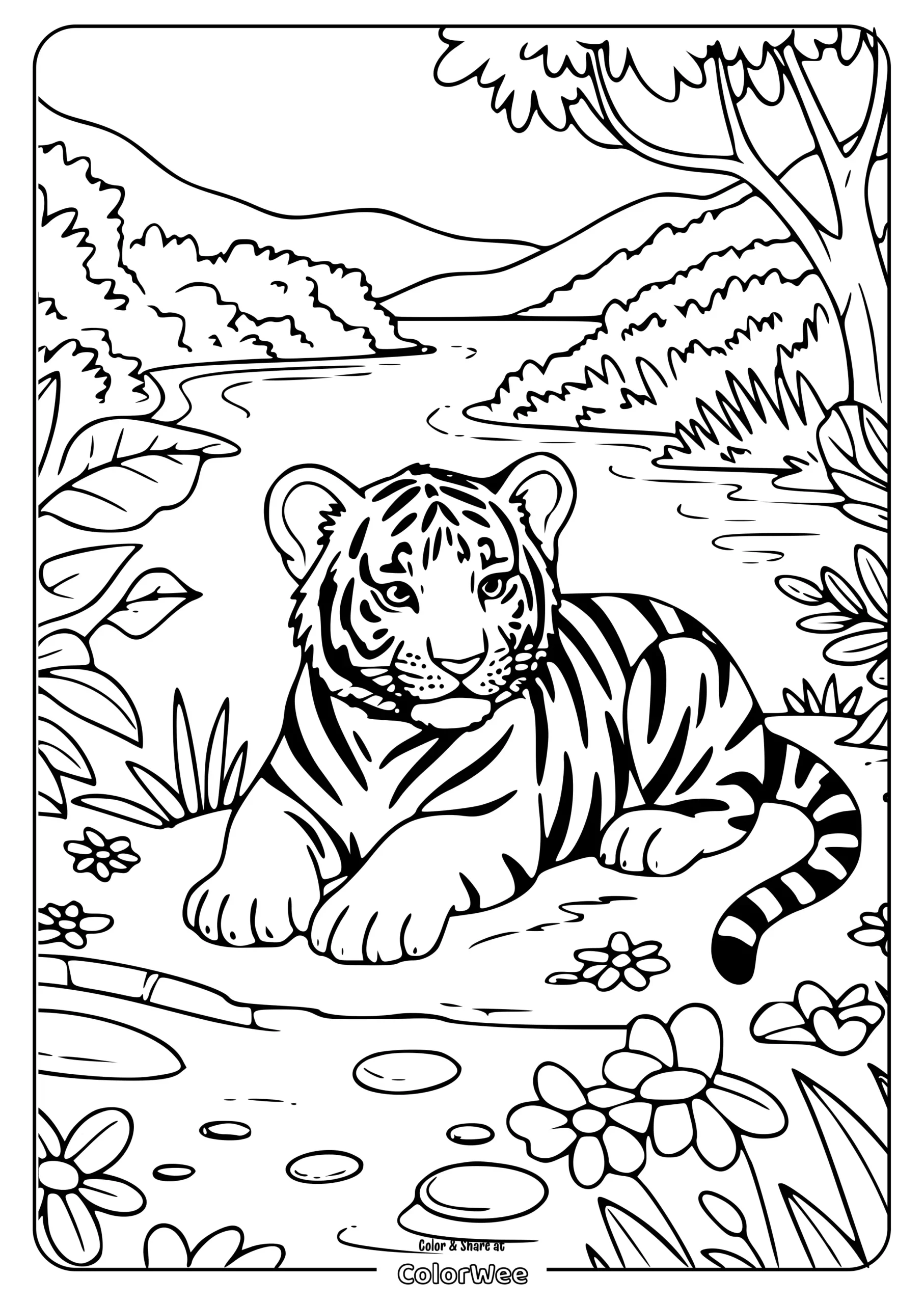 bengal tiger river coloring page scaled Tiger cub by a river, coloring page for kids.