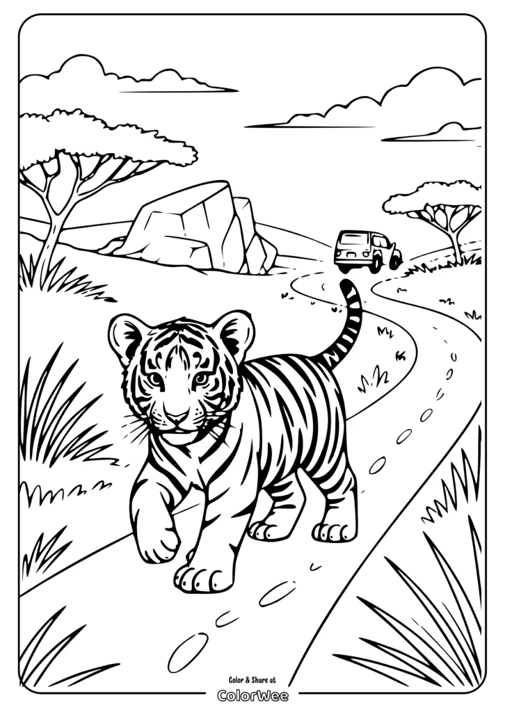 bengal tiger trail coloring page Tiger cub on a safari path with jeep and savannah scenery.