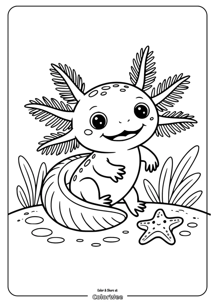 big baby axolotl Axolotl coloring page with a starfish undersea scene.