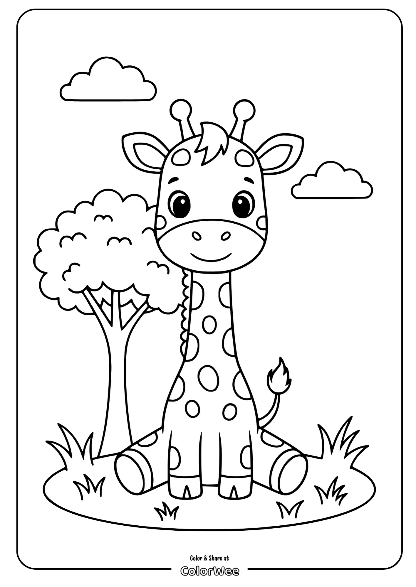 Cartoon giraffe coloring page with tree and clouds.