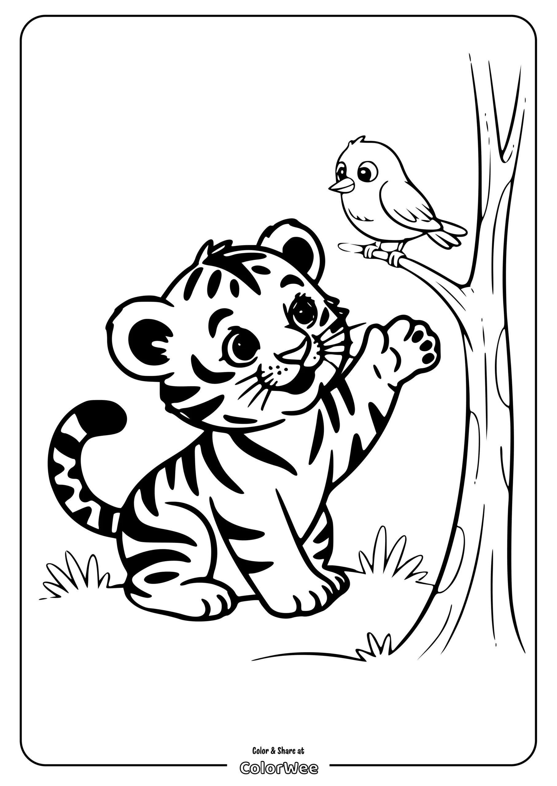 Tiger cub plays with bird on coloring page.