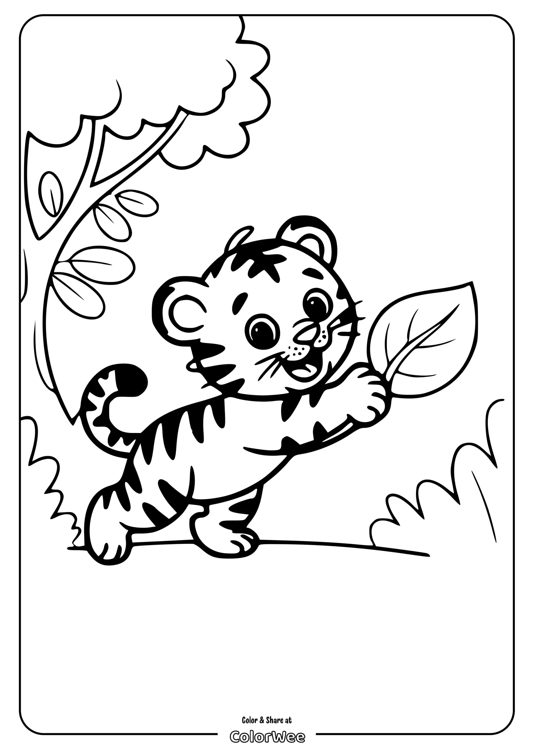 Cute tiger cub holding a leaf coloring page for kids.