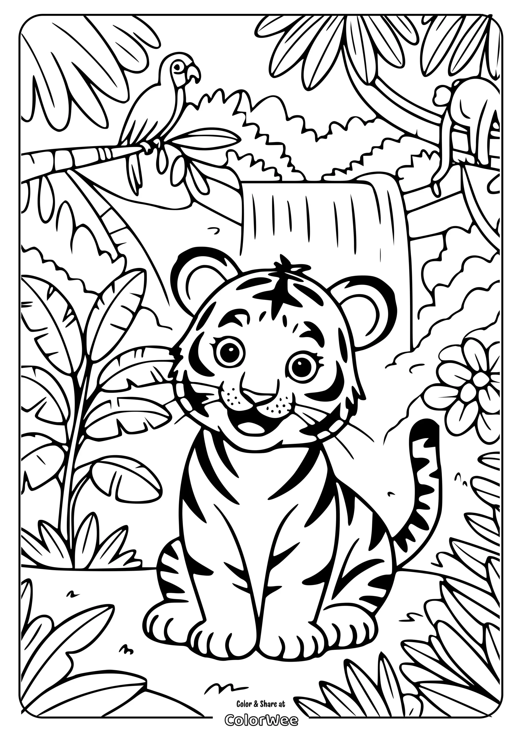 cartoon tiger rainforest coloring page scaled Cute tiger cub in jungle coloring page with waterfall.