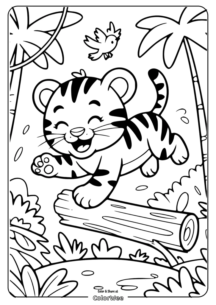 cartoon tiger running coloring page Cute tiger cub and bird in jungle coloring page.