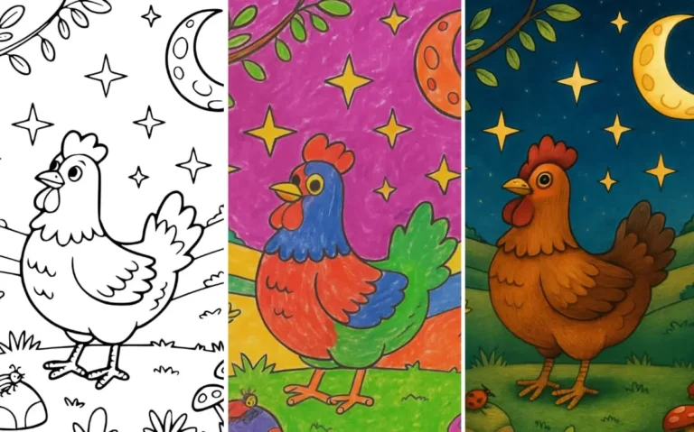 Colorful chicken under moon and stars in a vibrant night scene coloring page.