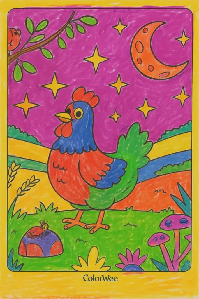 child chicken Bright rooster under stars and moon in vibrant coloring page.