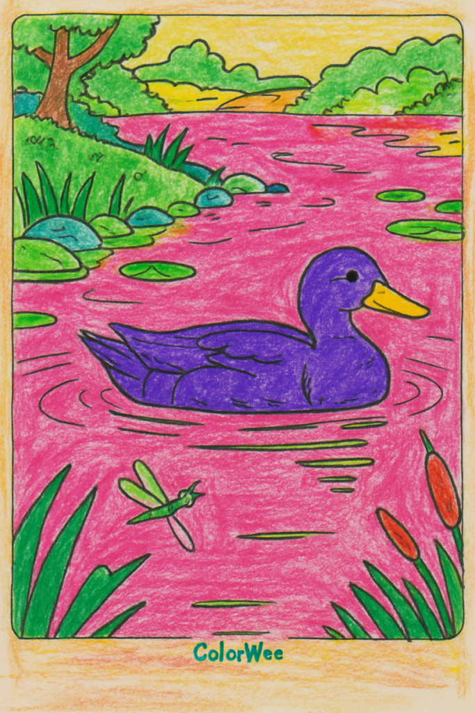 child colored duck Purple duck swimming in a vibrant pond coloring page.