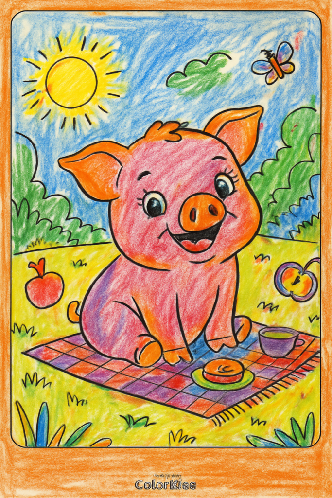 Cute pig enjoying a picnic under the sun with food and nature around.