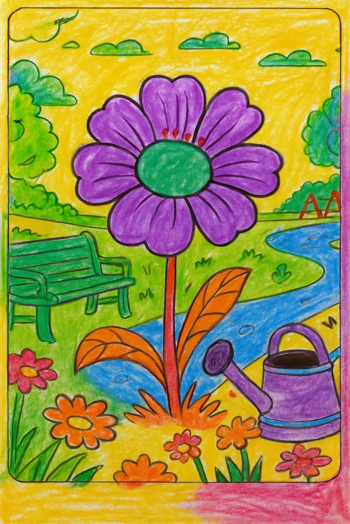 child like coloring 1 Purple flower coloring page with garden bench and watering can.
