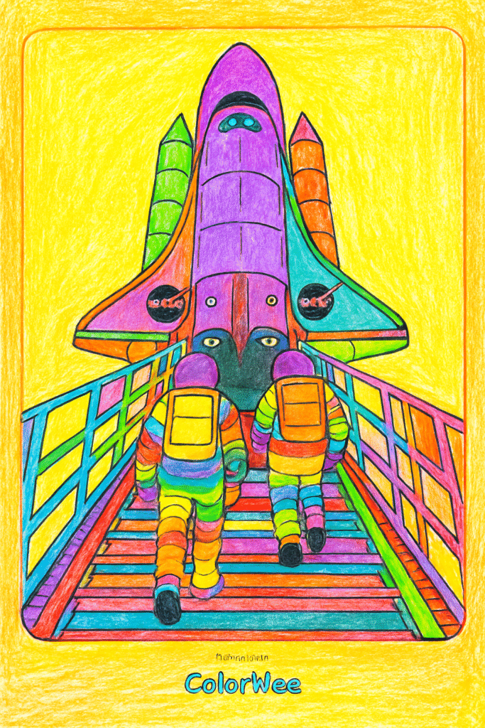 Colorful astronauts with a vibrant space shuttle liftoff.
