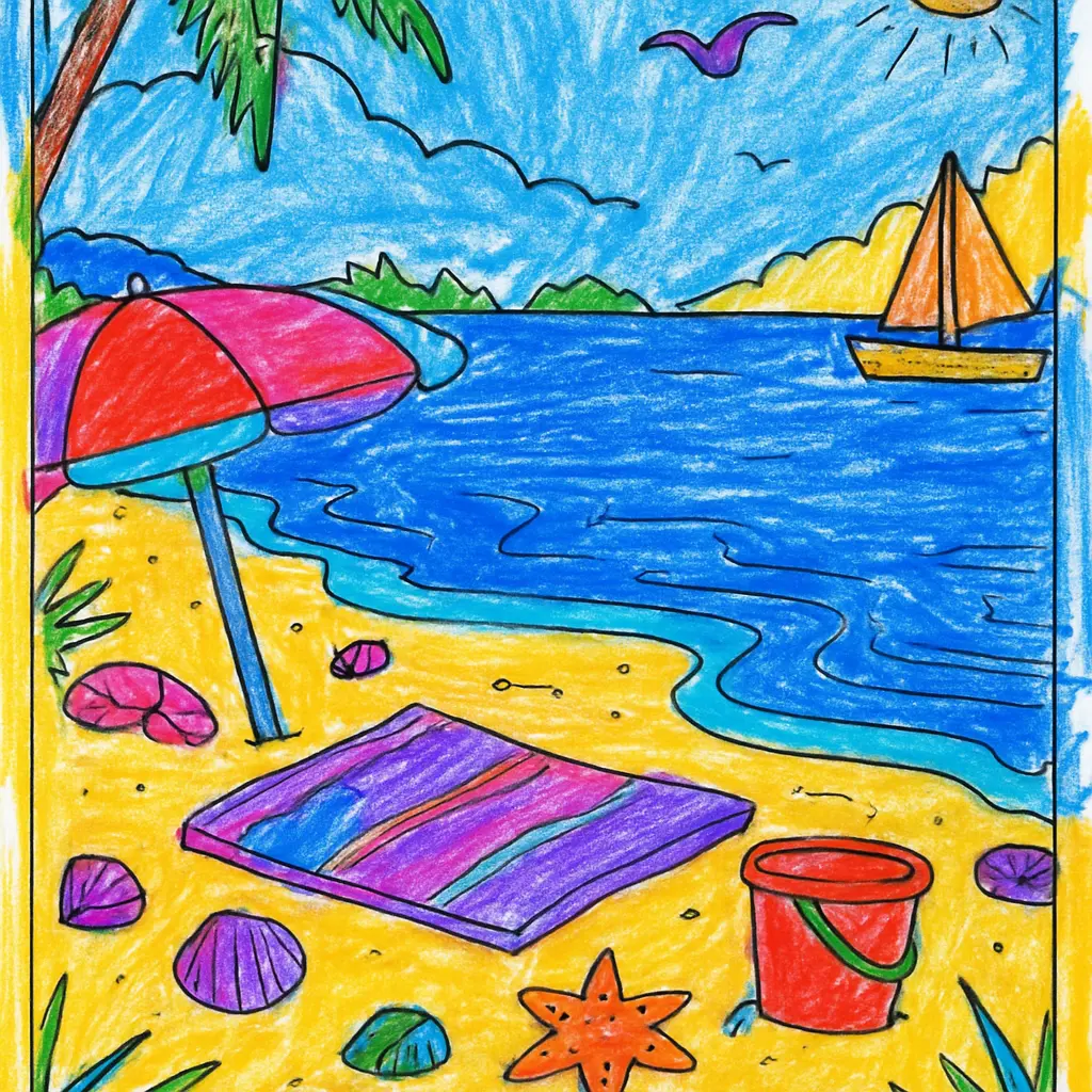 childlike colored beach Colorful beach scene with umbrella, ocean, and sailboat coloring page.
