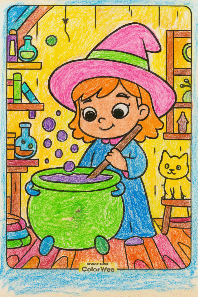 childlike colored witch Young witch with cauldron and cat in colorful room.