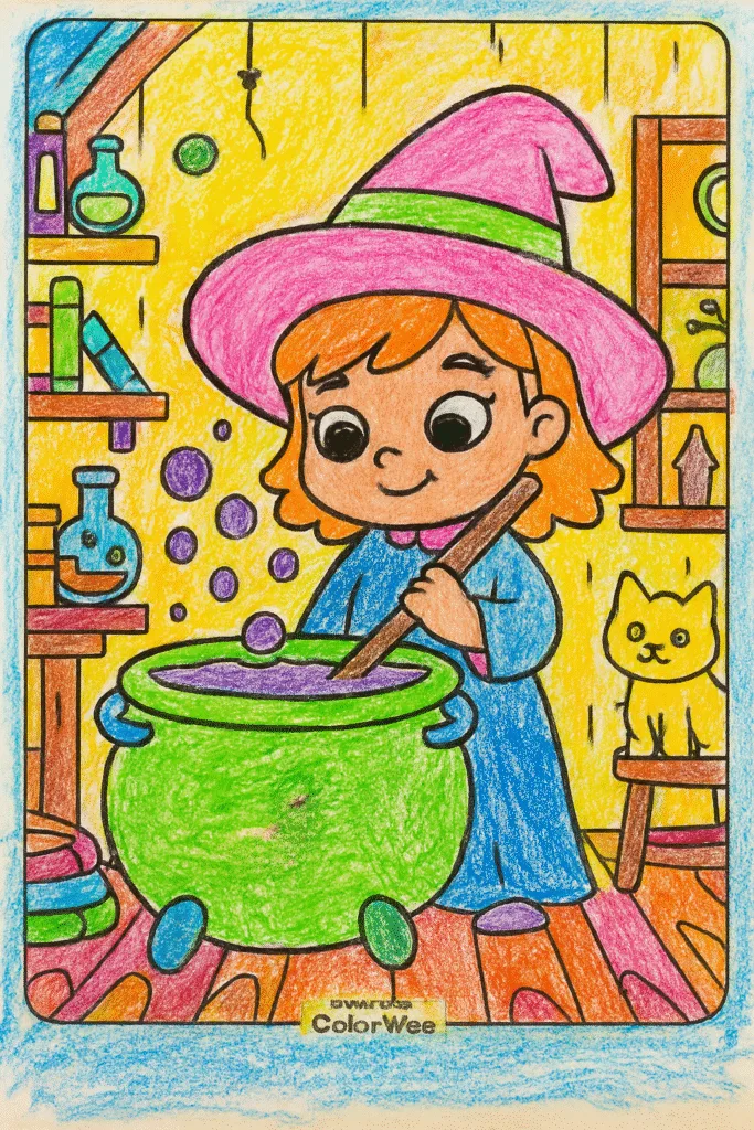 Young witch with cauldron and cat in colorful room.