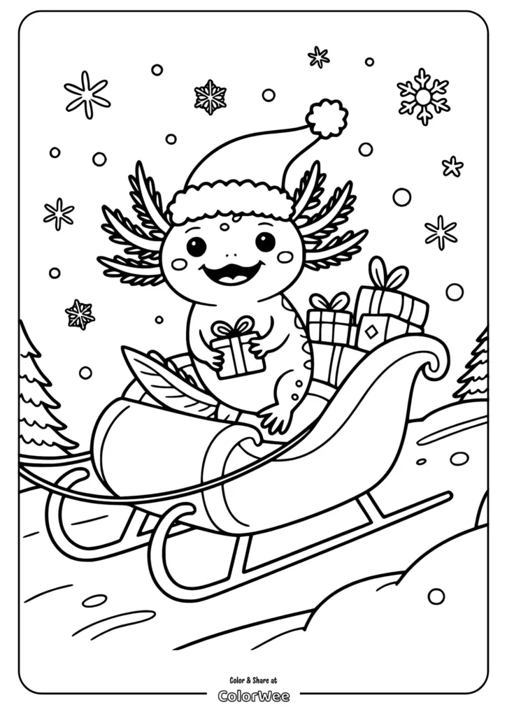 christmas axolotl in a sleigh Axolotl in sleigh with gifts and snowflakes coloring page.