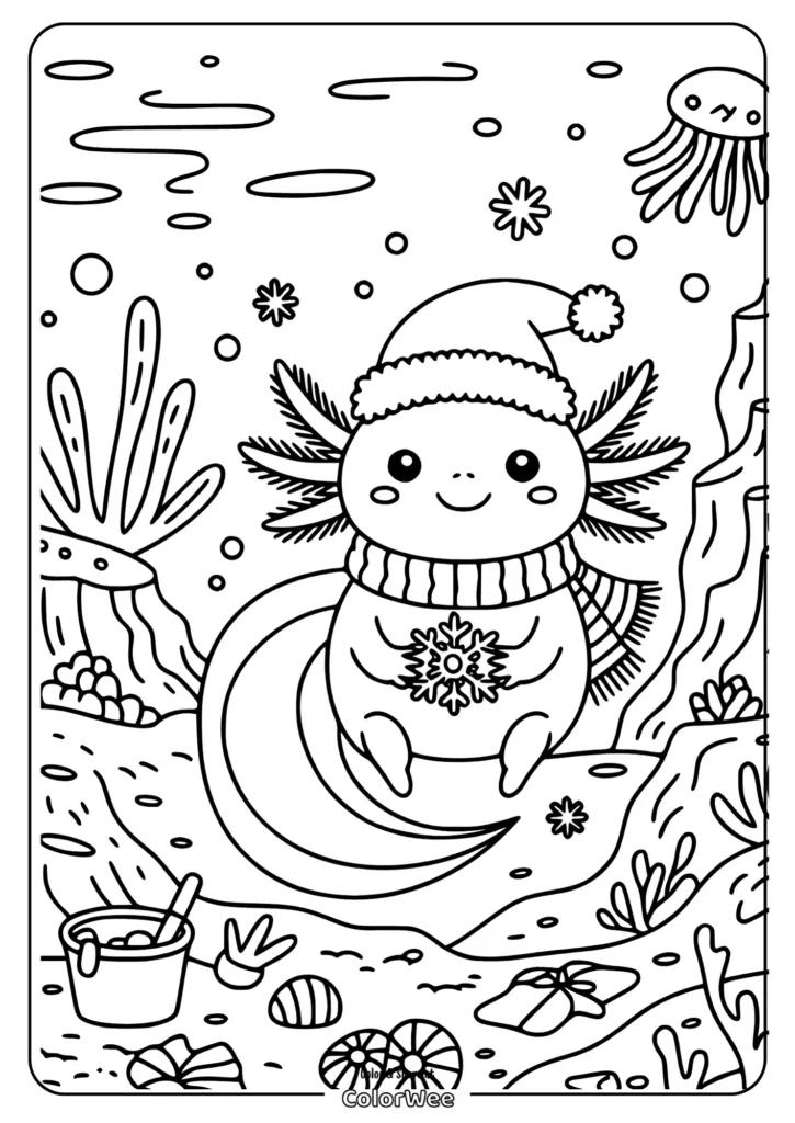 christmas axolotl underwater magic ```alt text
Cute axolotl in winter attire with a snowflake under the sea.```