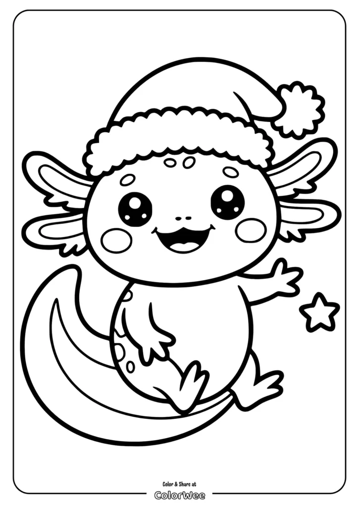 christmas axolotl wearing a santa hat Cute axolotl in Santa hat on a moon coloring page.