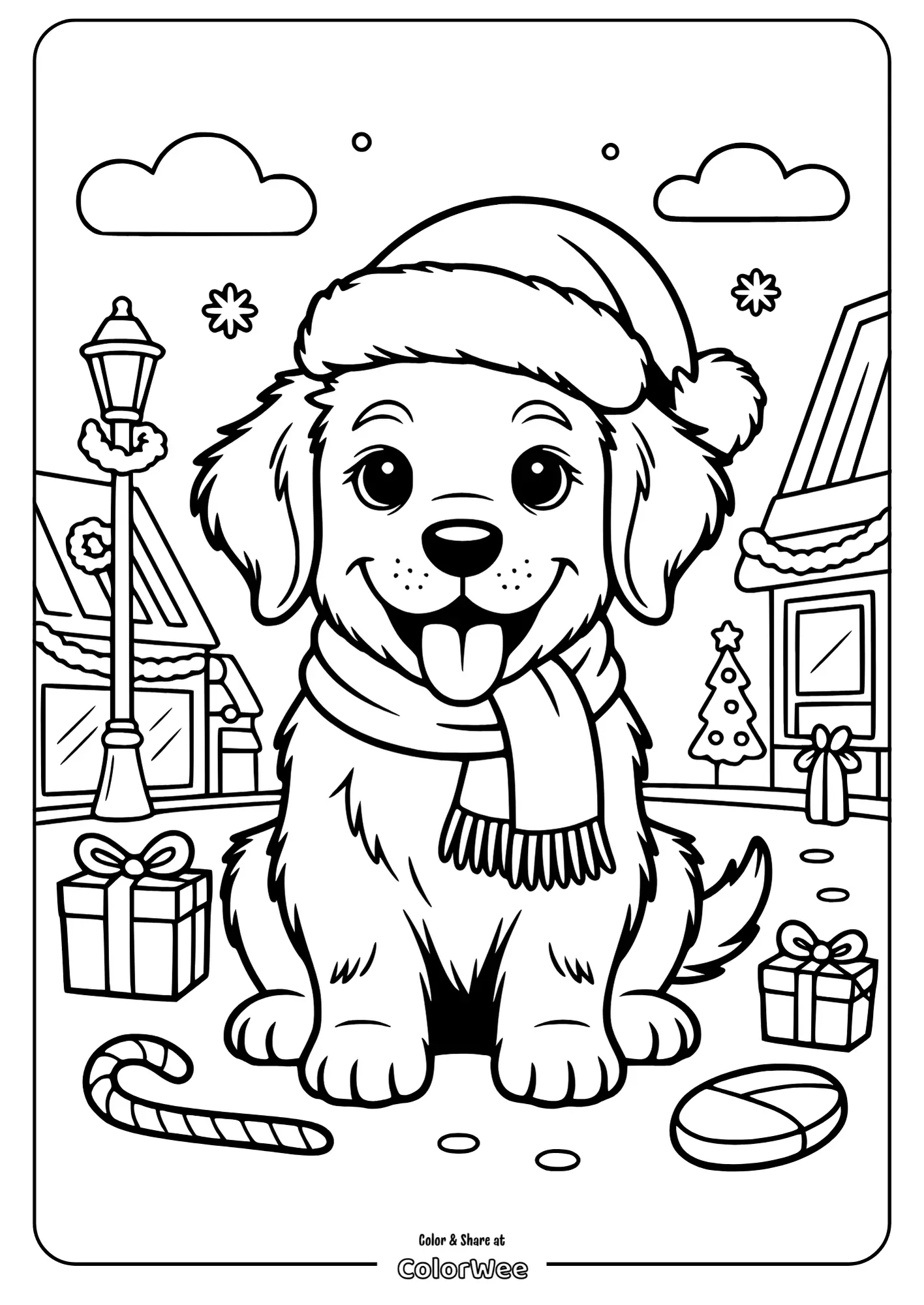 Cute Christmas puppy coloring page with gifts and candy canes.
