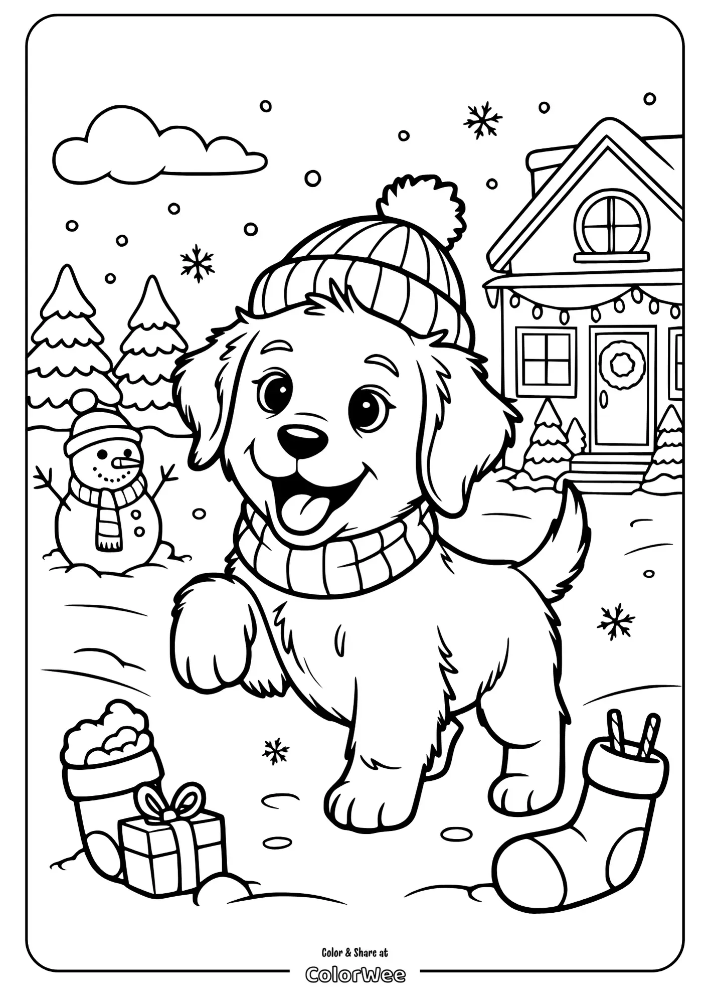 Cute winter puppy with a hat, snowman, and gifts coloring page.