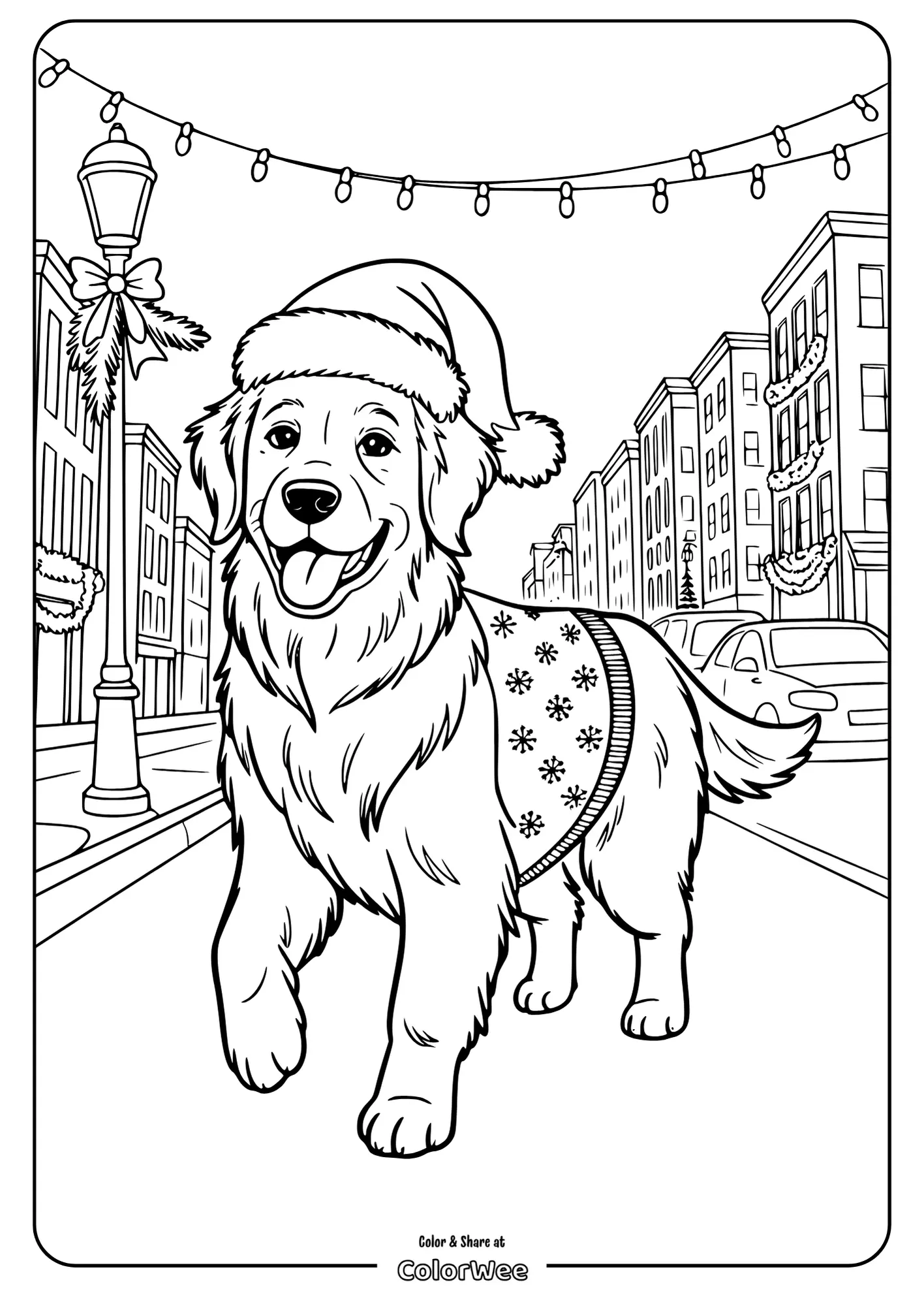 Festive dog in sweater and Santa hat coloring page on city street