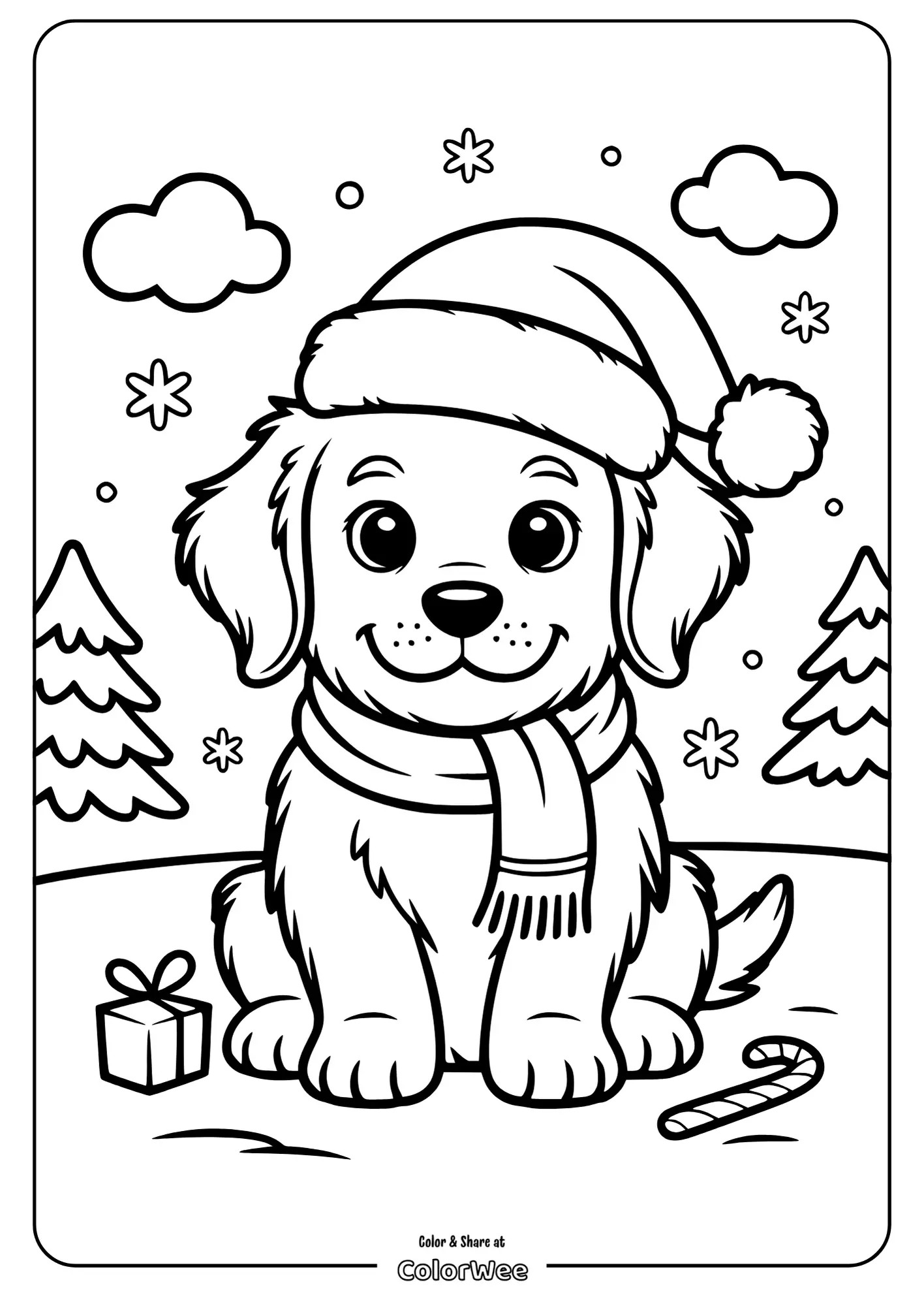 Adorable Christmas puppy in Santa hat coloring page.