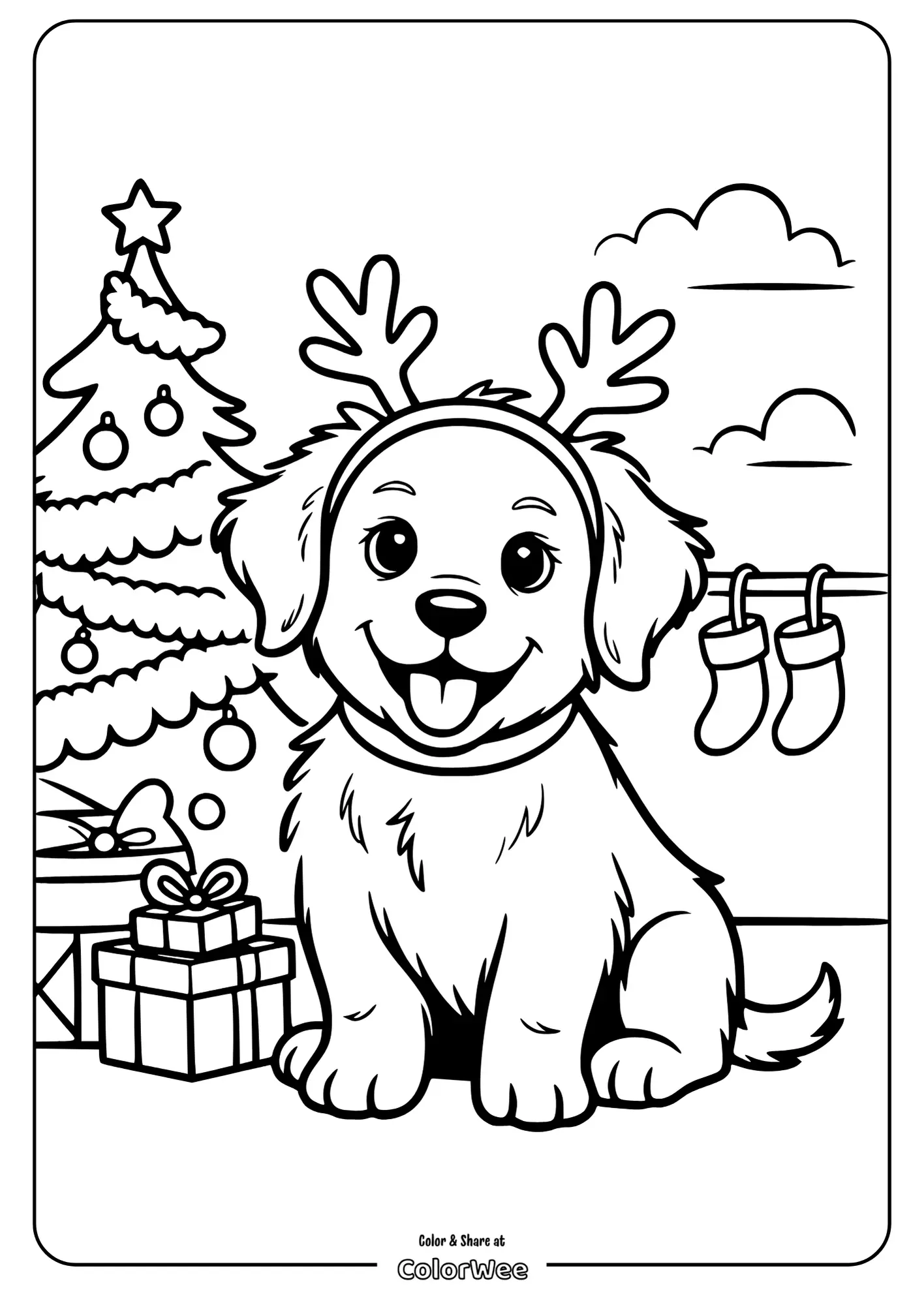christmas golden retriever tree fun coloring 1 Cute Christmas puppy with reindeer antlers for coloring.