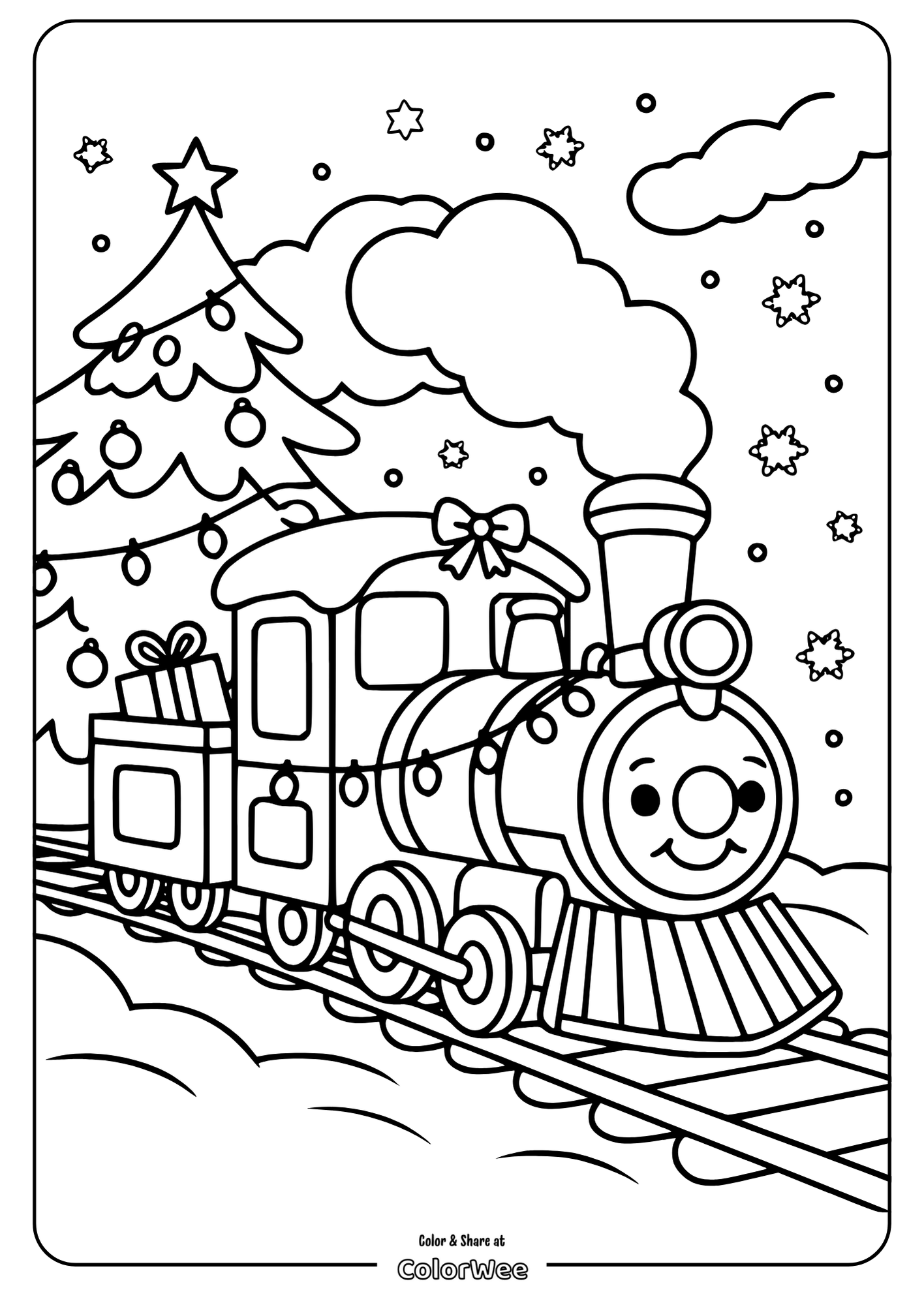 christmas train pine tree easy coloring Christmas train and tree coloring page with gifts and snowflakes.