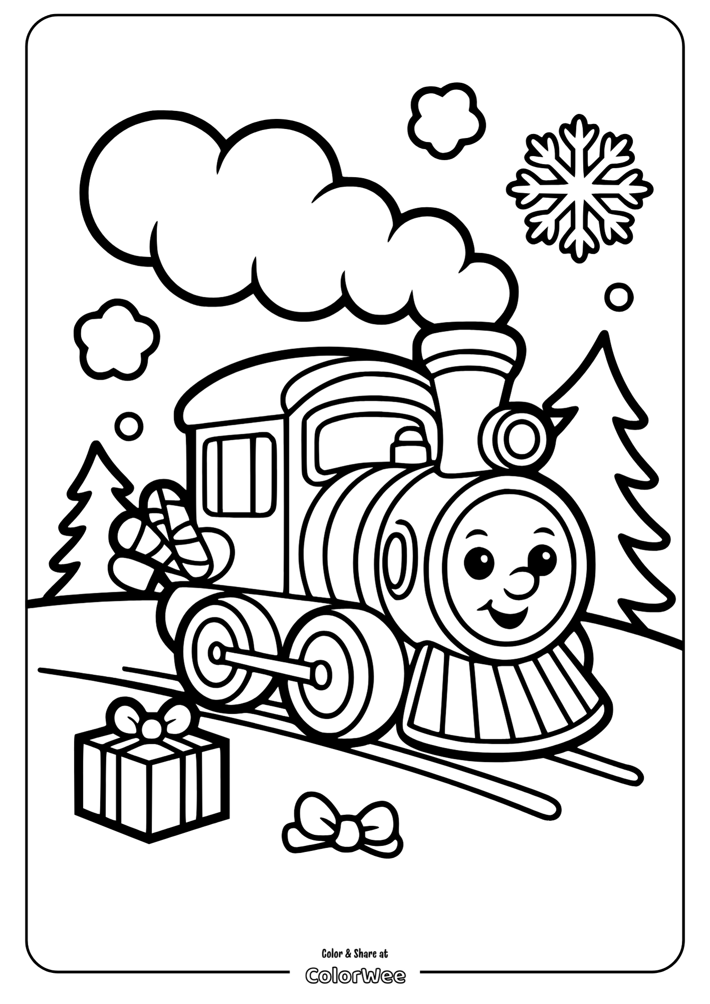 christmas train snowy scene easy coloring Smiling train with snowy trees and holiday gifts coloring page.