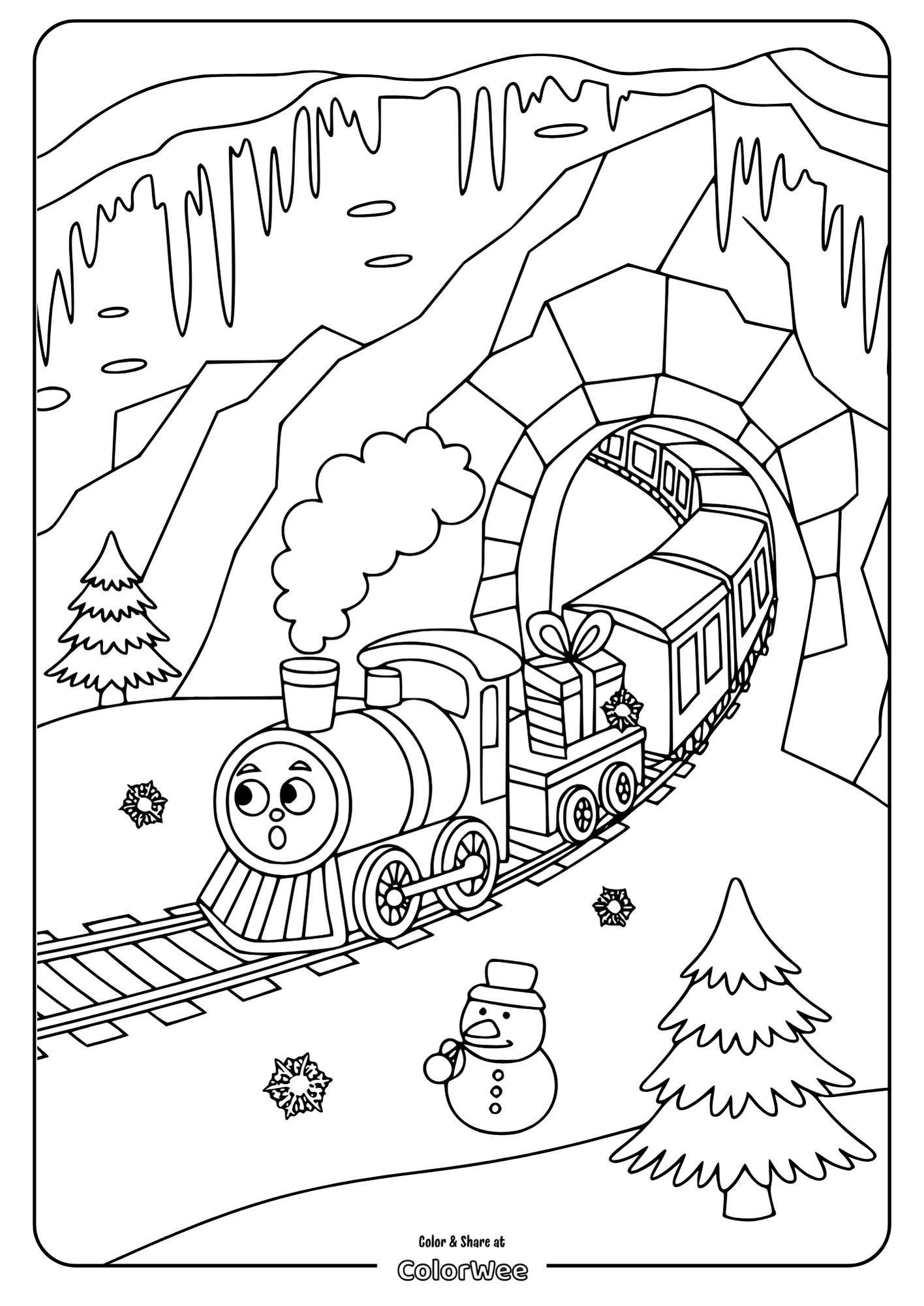 christmas train surprised tunnel easy coloring Cute train and snowman in winter scene coloring page.
