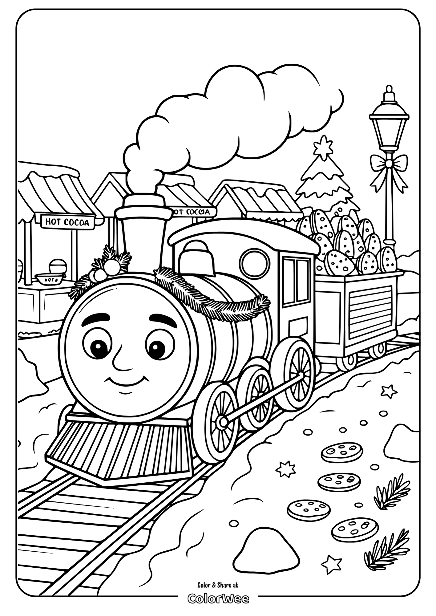 christmas train village market medium coloring Happy holiday train with cookies and hot cocoa, festive coloring page.