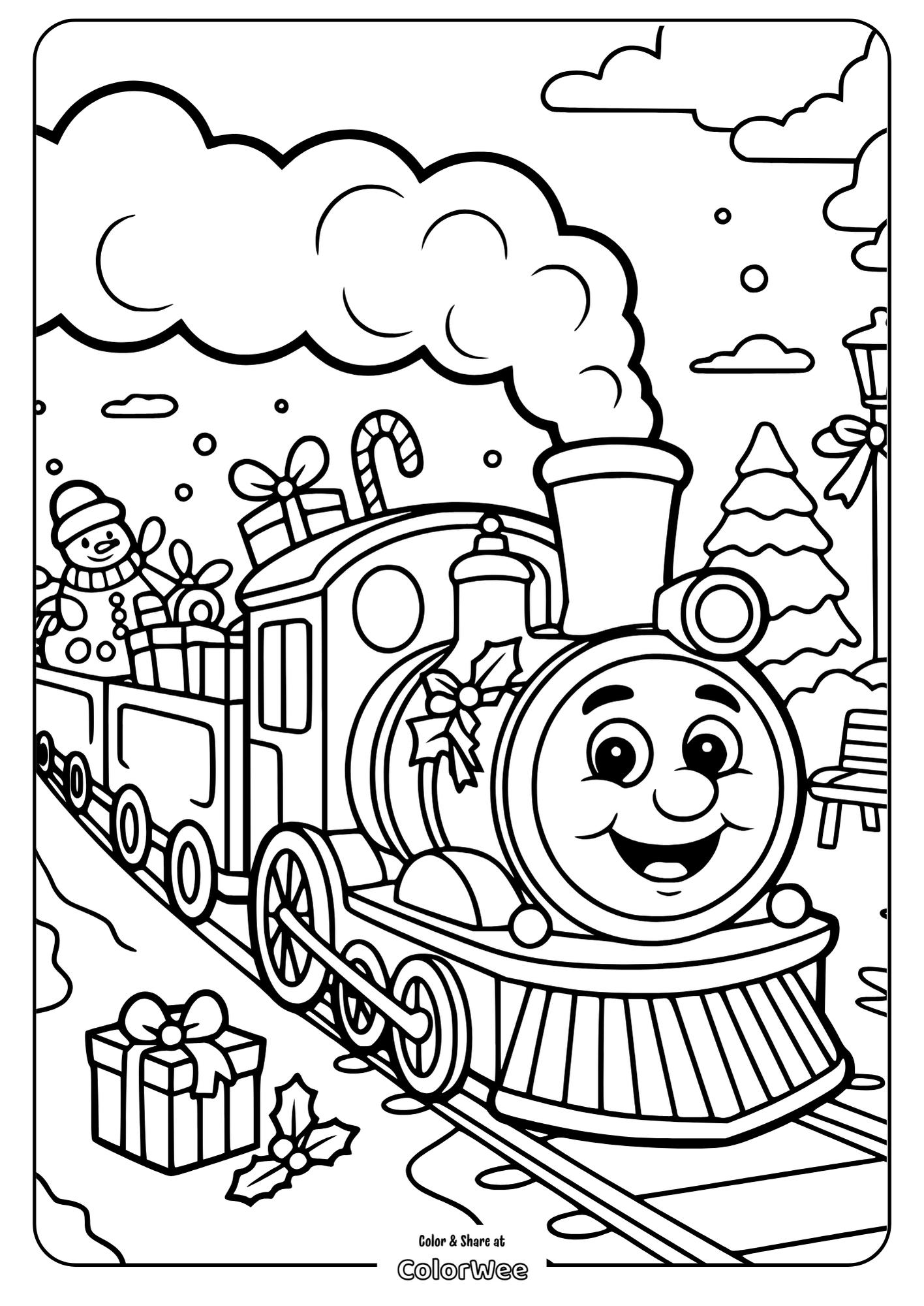 christmas train winter park medium coloring Cute Christmas train with gifts and snowman coloring page.