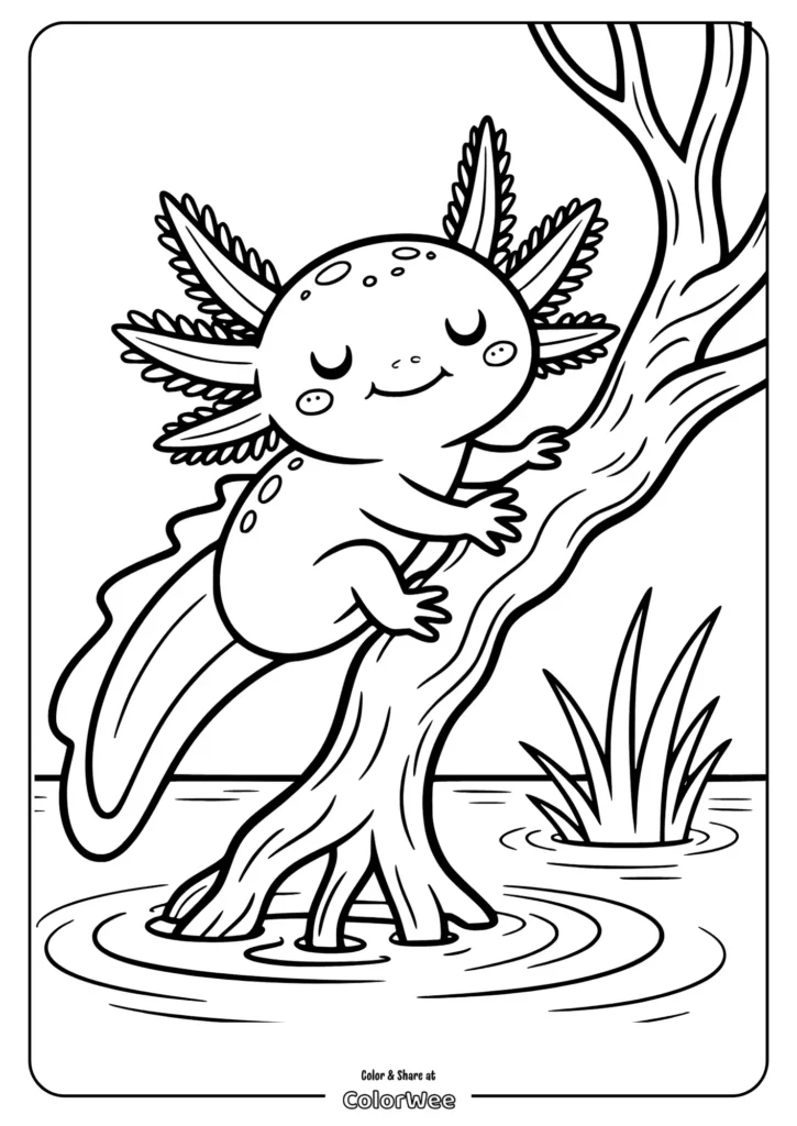 cute axolotl climbing a tree Axolotl coloring page: cute creature climbing a tree by the water.