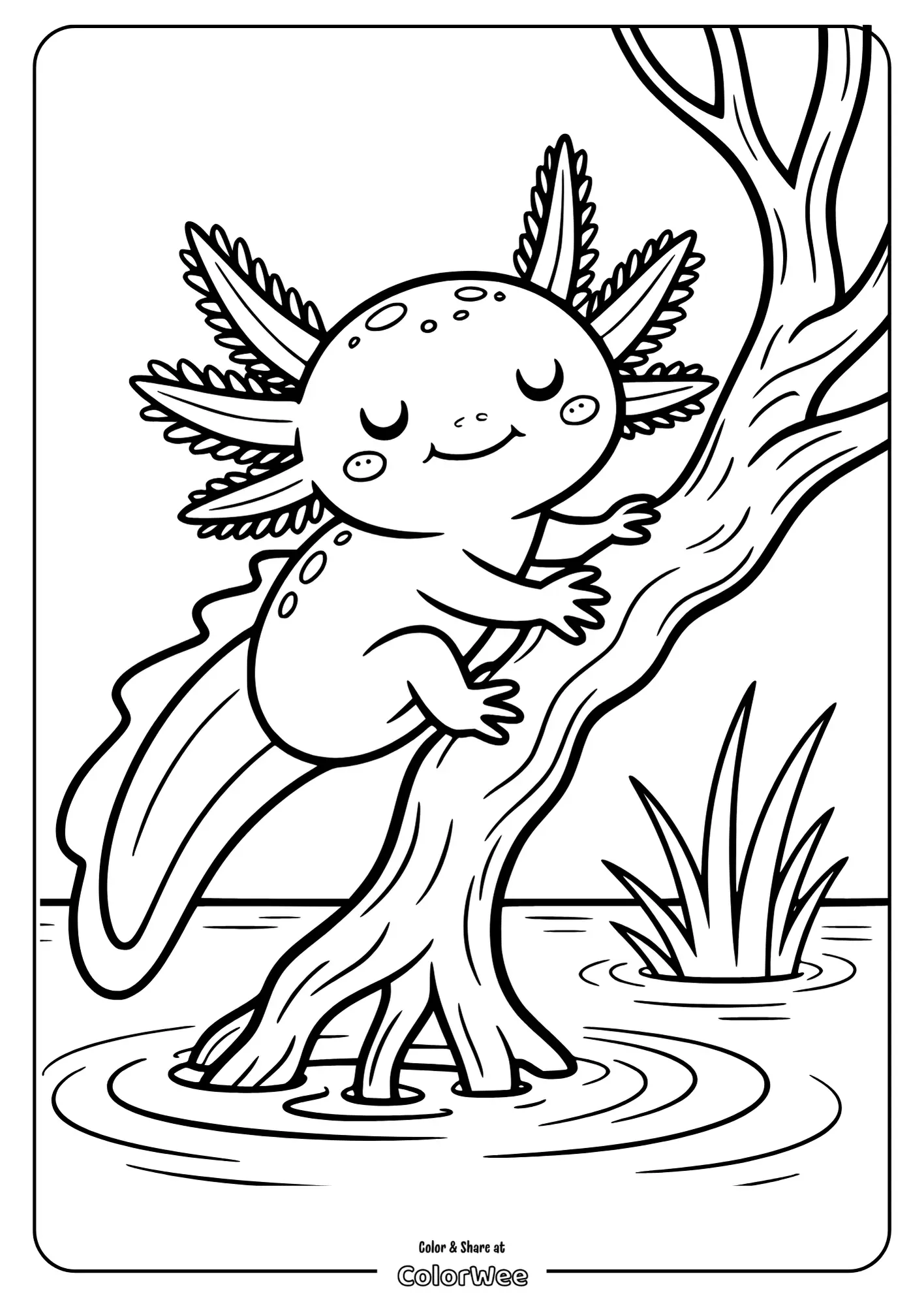 Axolotl coloring page: cute creature climbing a tree by the water.
