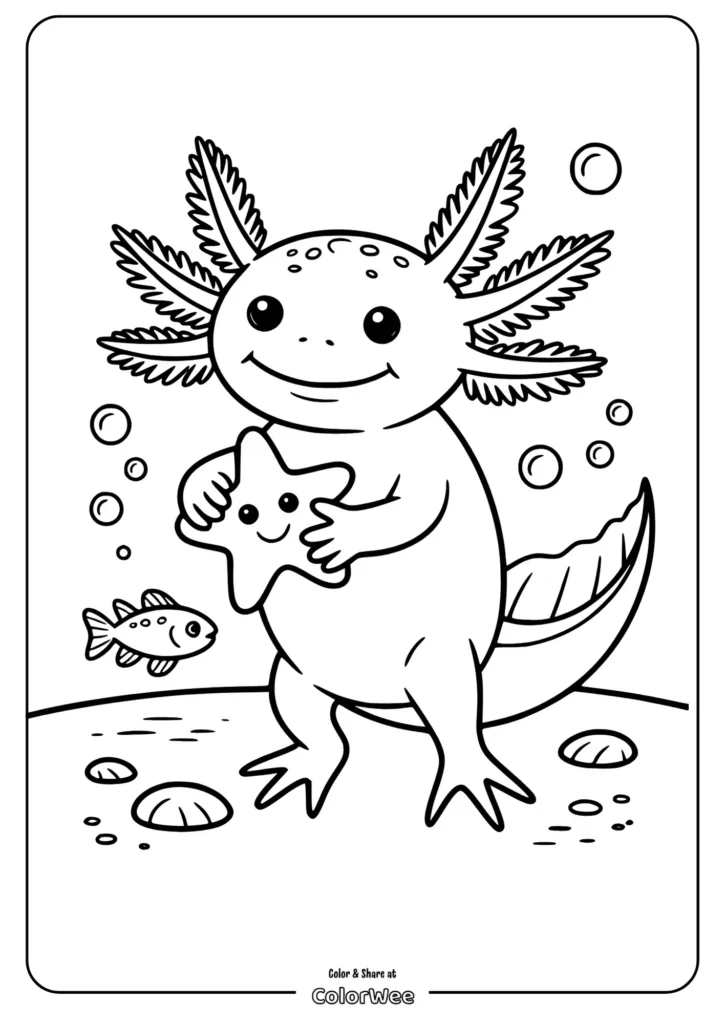 cute axolotl holding a starfish Axolotl holding starfish underwater coloring page.