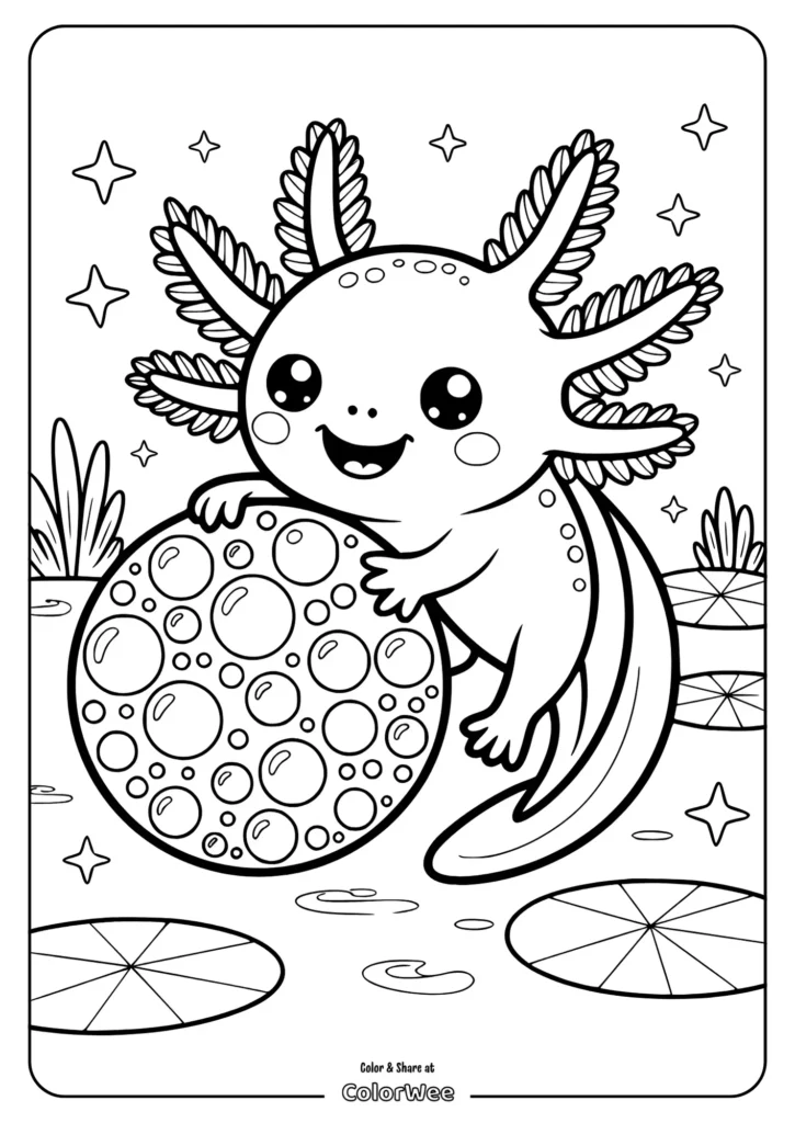 cute axolotl playing water ball Happy axolotl hugging a bubble in a whimsical pond coloring page.