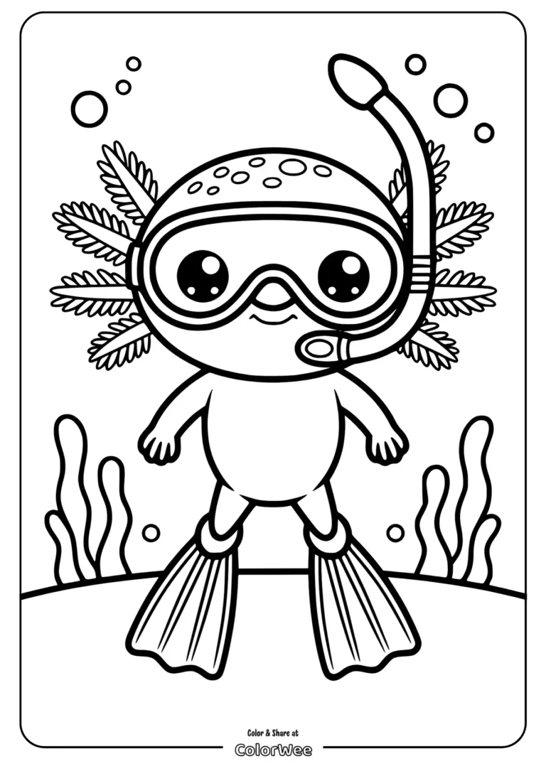 Cute axolotl scuba diver coloring page for kids.