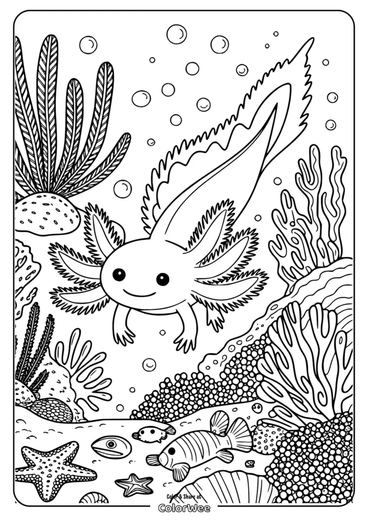 cute axolotl underwater adventure Cute axolotl coloring page in an underwater scene.
