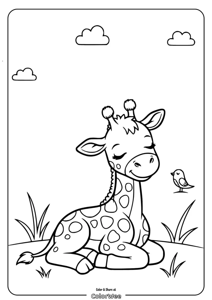 Cute baby giraffe coloring page with bird and clouds.