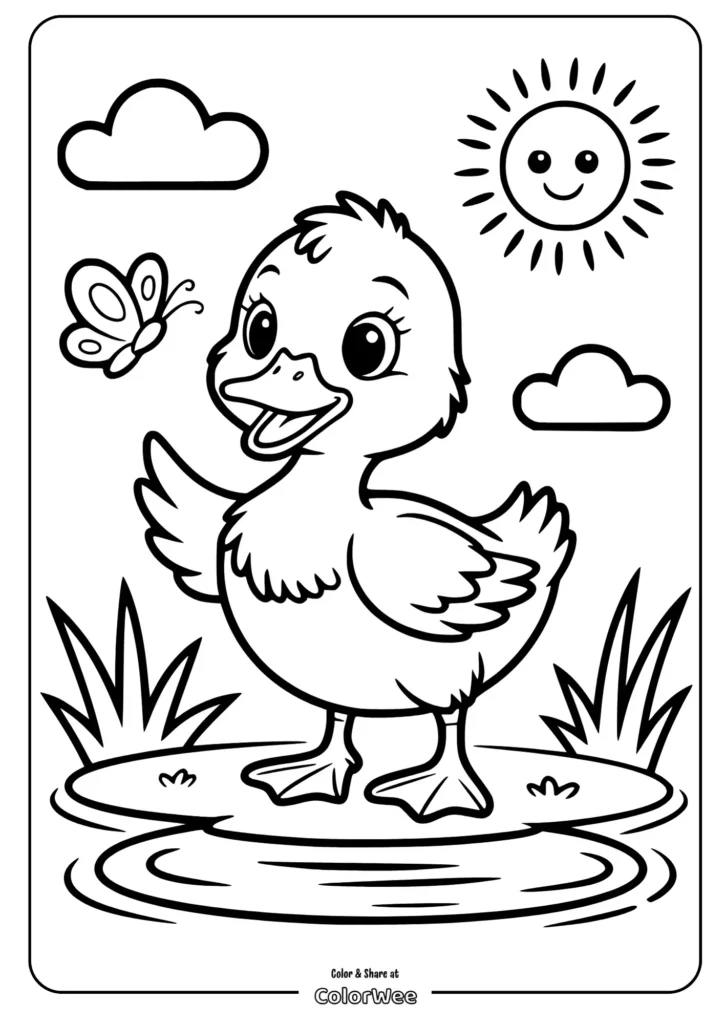 cute duck and the butterfly Cute duckling with butterfly, sun, and clouds coloring page.