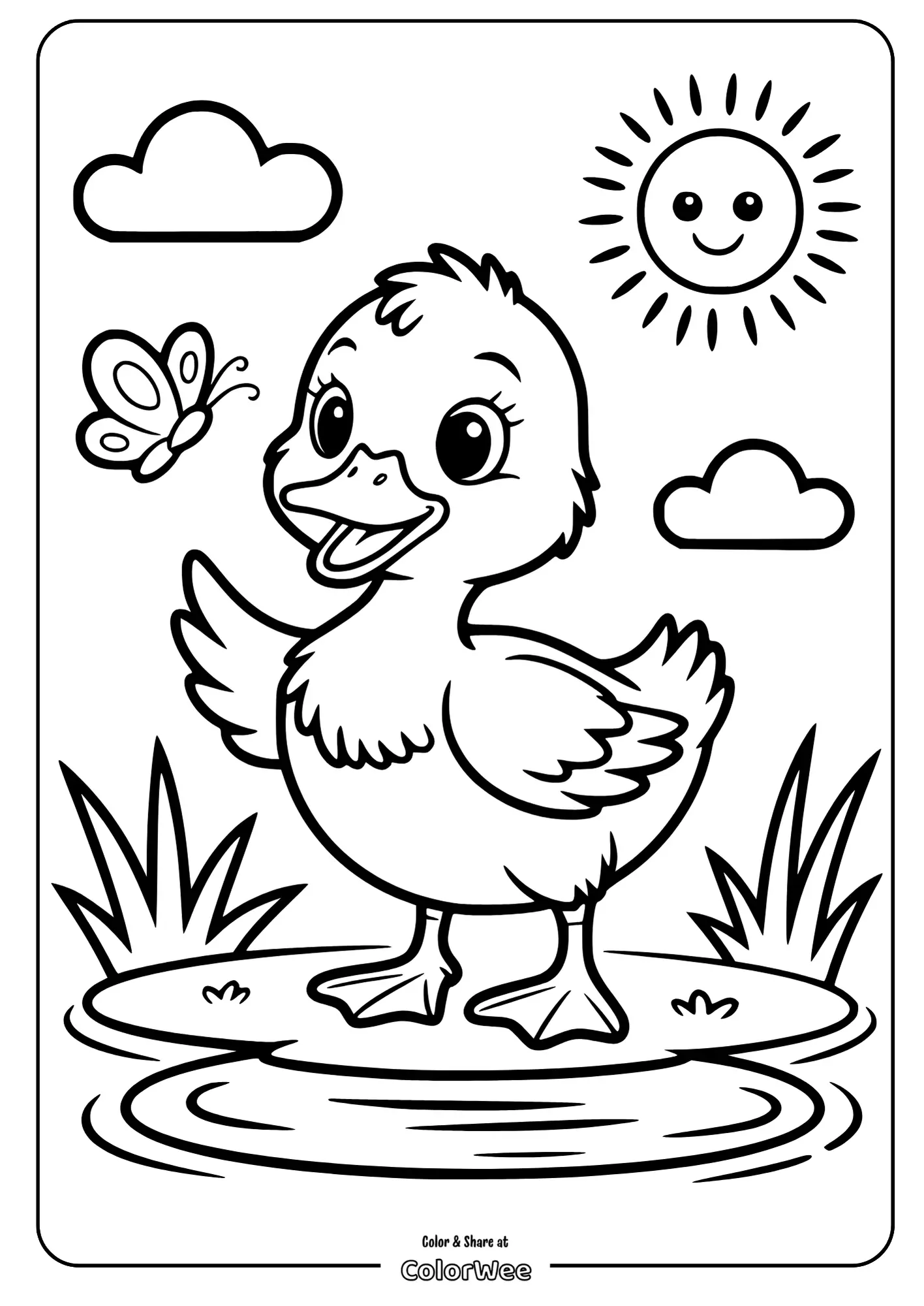 Cute duckling with butterfly, sun, and clouds coloring page.