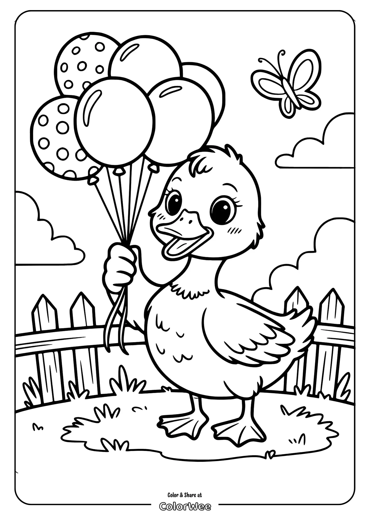 Duck with balloons and butterfly coloring page for kids.