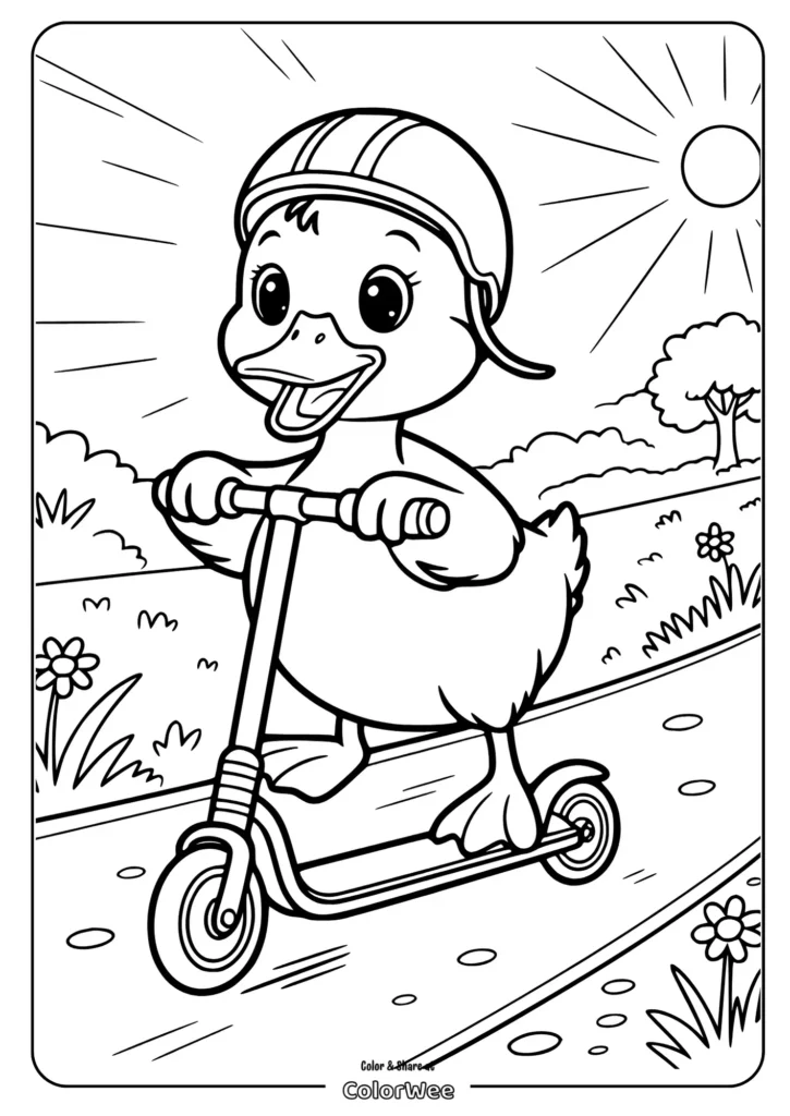 cute duck riding a scooter Duck on a scooter coloring page for kids, sunny day.