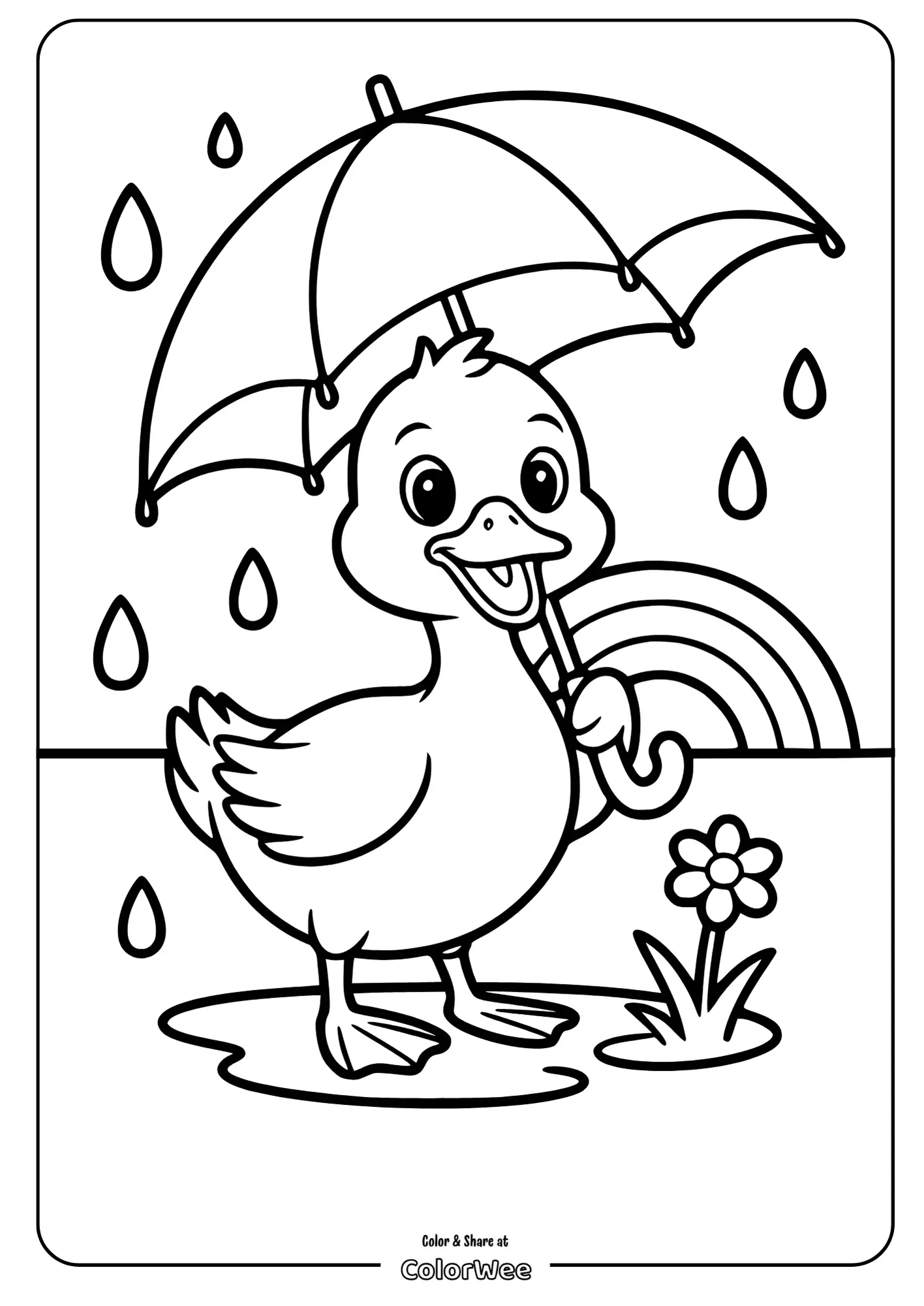 Duck with umbrella in rain, coloring page for kids.