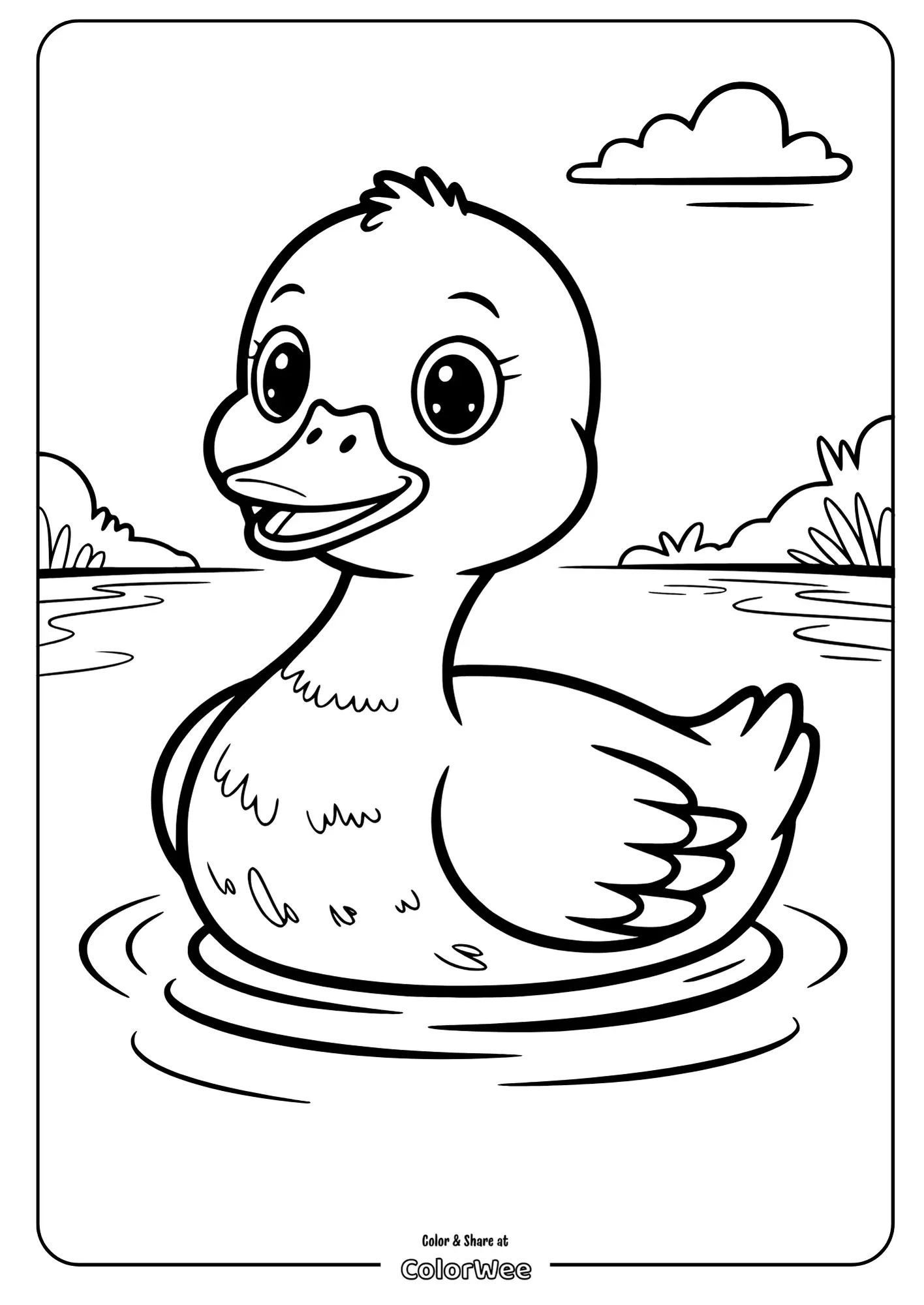Adorable duckling coloring page with happy expression.