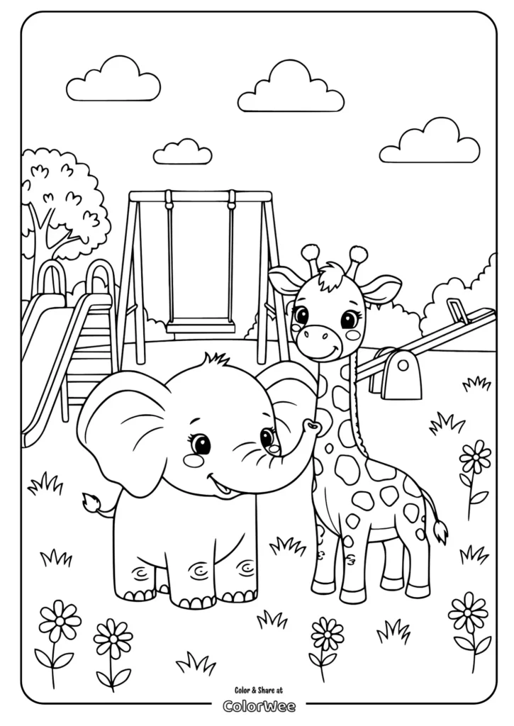 Cute elephant and giraffe at a playground coloring page.