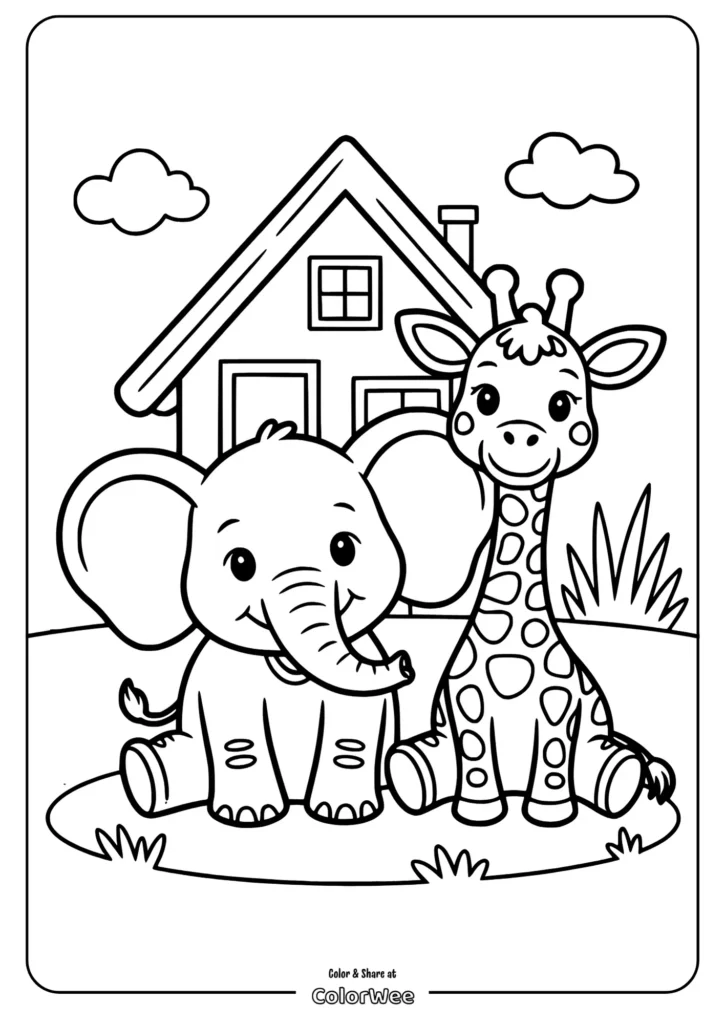 Cute elephant and giraffe coloring page for kids.