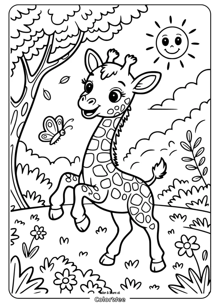 Cute giraffe and butterfly coloring page for kids.