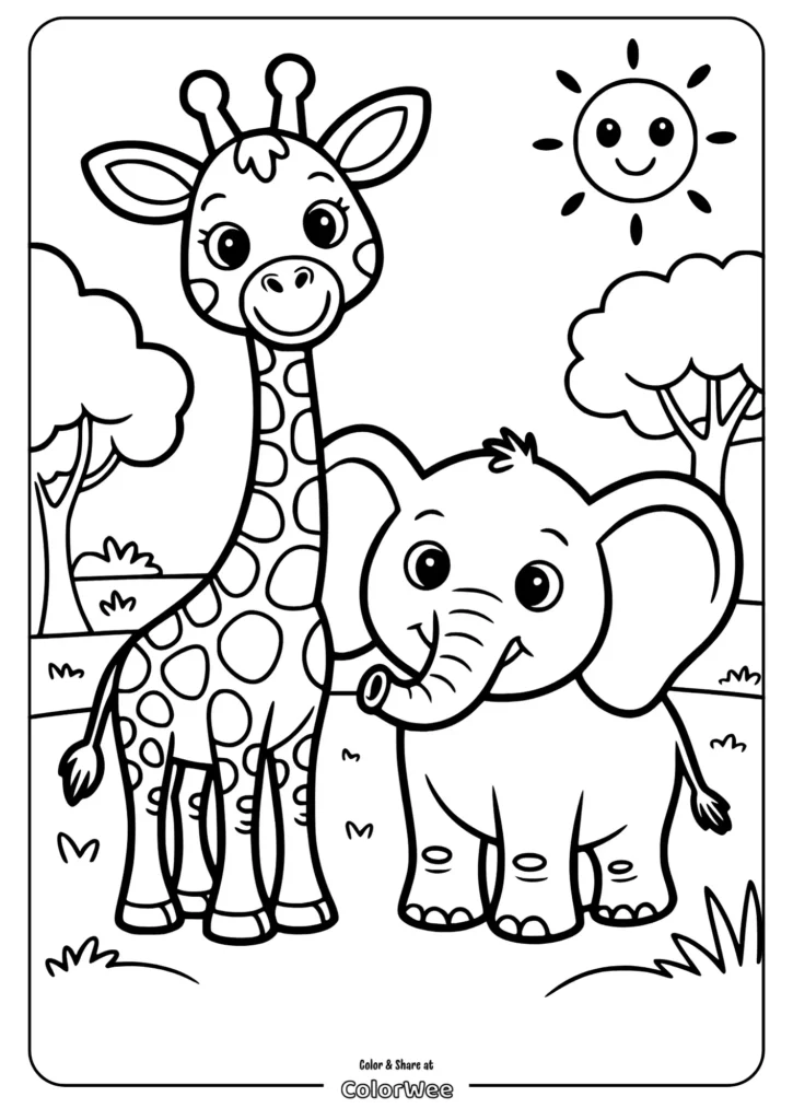 Cute giraffe and elephant coloring page for kids.